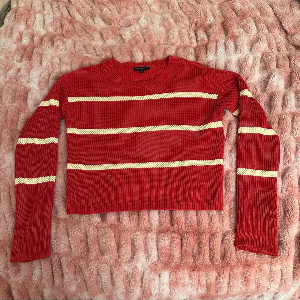 Banana Republic 100% Cotton Red & Cream Striped Crewneck Sweater